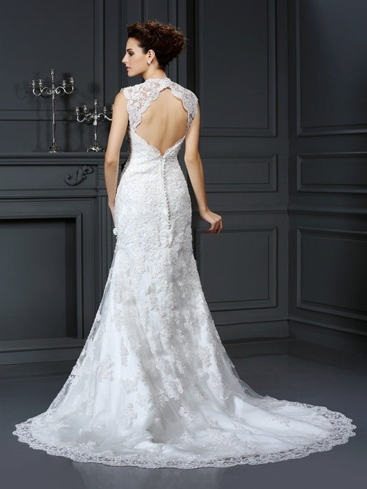 Sheath/Column Sleeveless Long Beading V-neck Lace Wedding Dresses