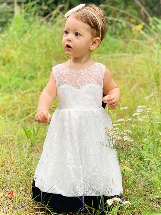 Bowknot Scoop Lace Sleeveless A-Line/Princess Tea-Length Flower Girl Dresses