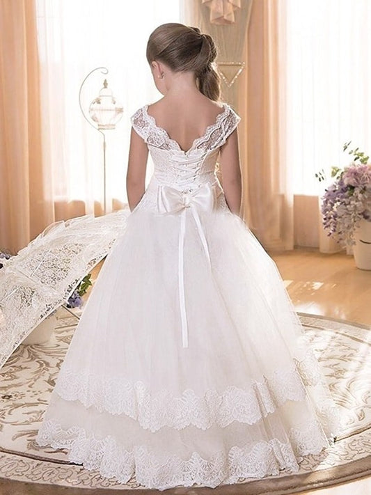 A-line/Princess Sash/Ribbon/Belt Sleeveless Floor-Length Tulle Scoop Flower Girl Dresses