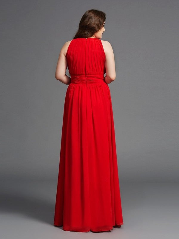 Chiffon Long Jewel A-Line/Princess Sleeveless Ruched Plus Size Dresses