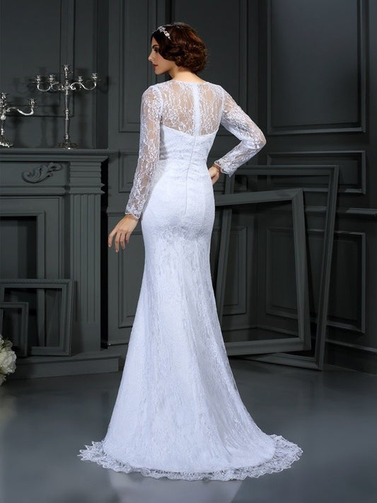 Sheath/Column Long Lace Long Scoop Sleeves Satin Wedding Dresses