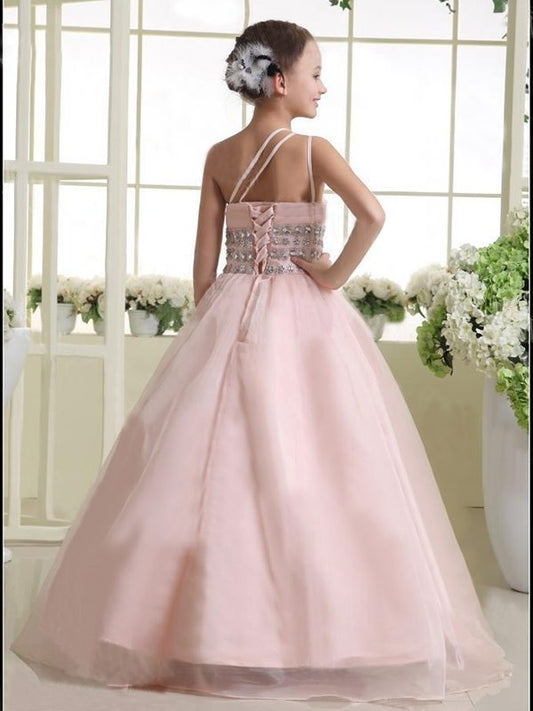 One-shoulder Beading Long Organza A-line/Princess Sleeveless Flower Girl Dresses