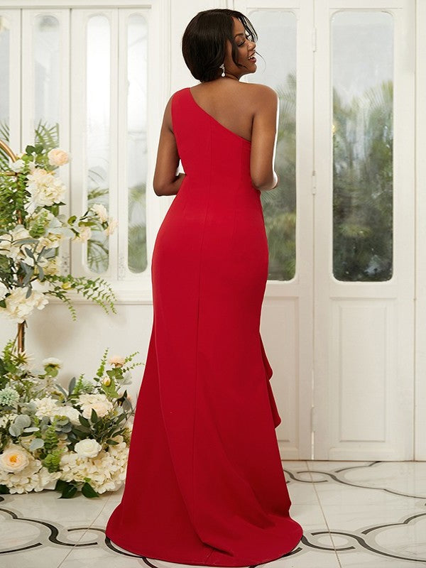 One-Shoulder Crepe Sweep/Brush Stretch Ruched Sheath/Column Sleeveless Train Bridesmaid Dresses