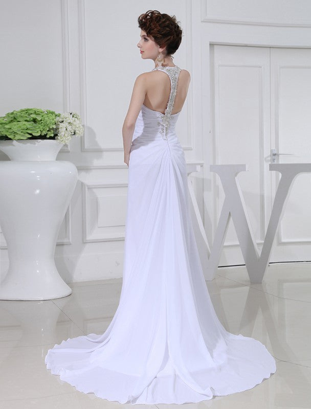 Sleeveless A-Line/Princess V-neck Beading Chiffon Wedding Dresses