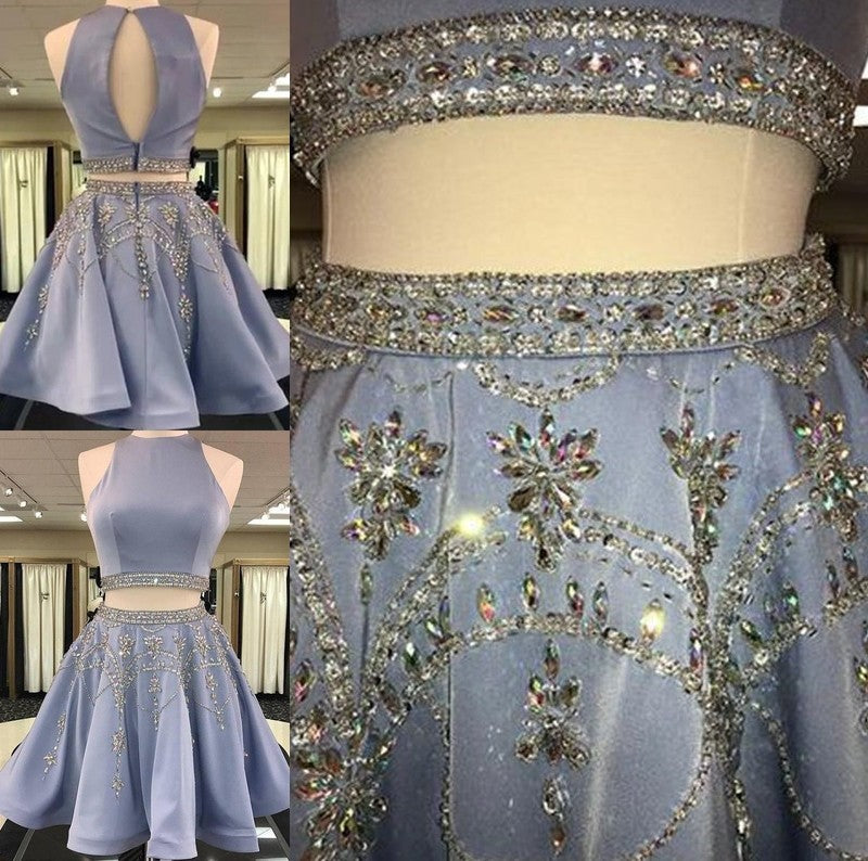 Sleeveless Bateau Satin Beading A-Line/Princess Short/Mini Two Piece Dresses