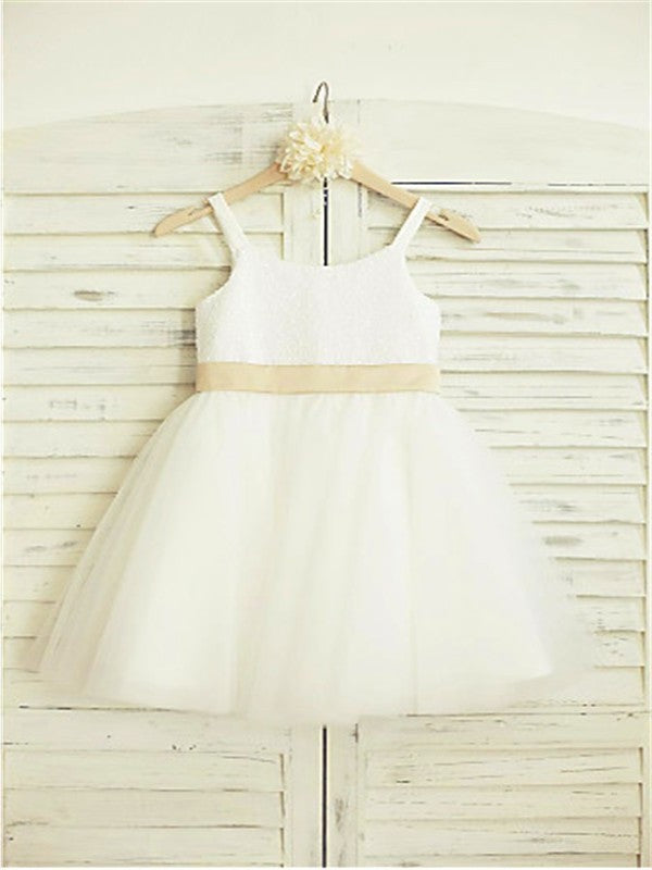 Knee-Length A-line/Princess Tulle Bowknot Straps Sleeveless Spaghetti Flower Girl Dresses