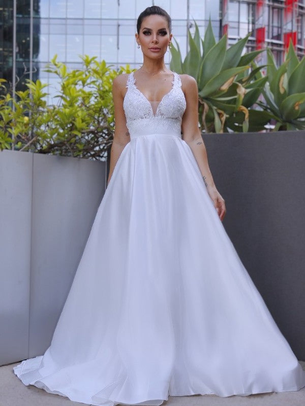 Sleeveless Satin Applique A-Line/Princess V-neck Sweep/Brush Train Wedding Dresses