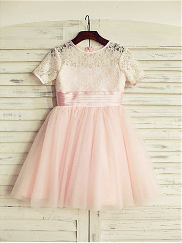 Tea-Length Jewel A-line/Princess Sleeves Lace Tulle Short Flower Girl Dresses