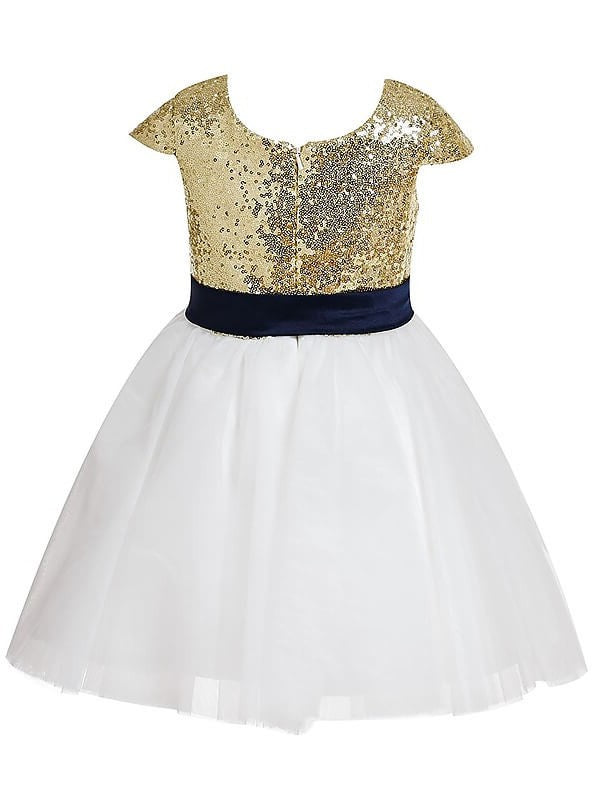 A-Line/Princess Short Jewel Sequins Tulle Tea-Length Sleeves Flower Girl Dresses