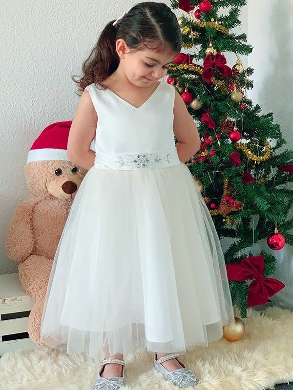 V-neck Knee-Length Bowknot Tulle A-Line/Princess Sleeveless Flower Girl Dresses