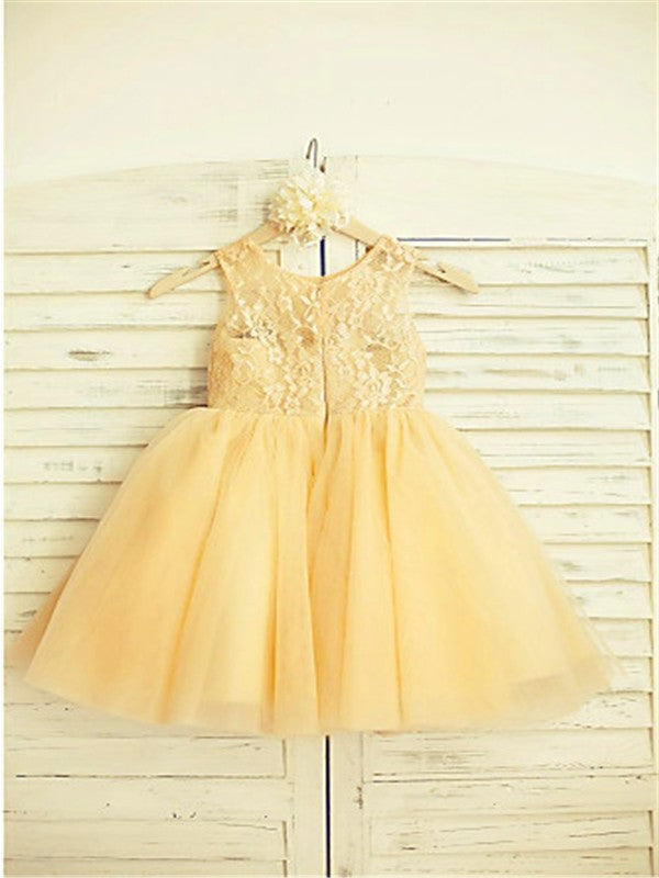 Lace Tea-Length Tulle Scoop A-line/Princess Sleeveless Flower Girl Dresses