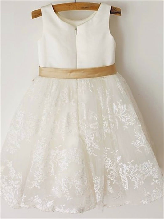 Sleeveless Tea-Length Lace Scoop A-line/Princess Bowknot Flower Girl Dresses