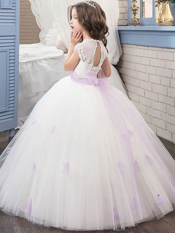 Ball Tulle Short Jewel Sleeves Sash/Ribbon/Belt Gown Floor-Length Flower Girl Dresses