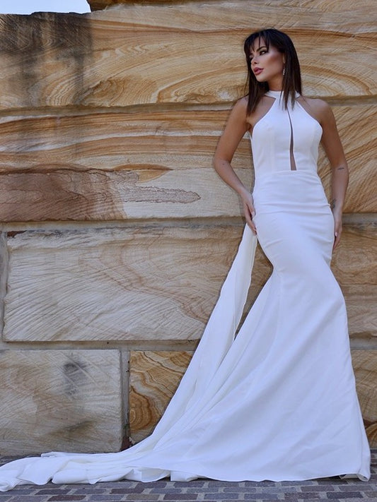 Stretch Ruffles Halter Court Trumpet/Mermaid Sleeveless Crepe Train Wedding Dresses