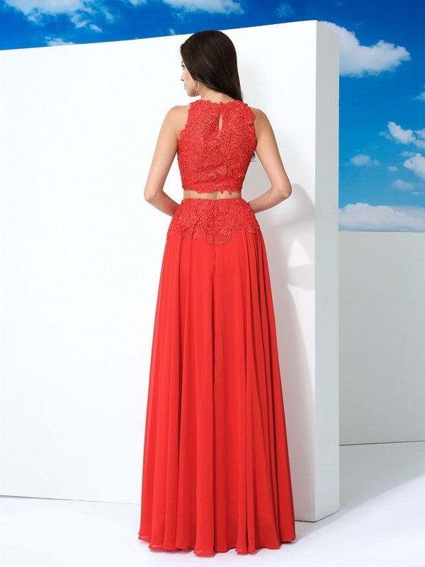 Scoop Sleeveless Chiffon Long A-Line/Princess Lace Two Piece Dresses