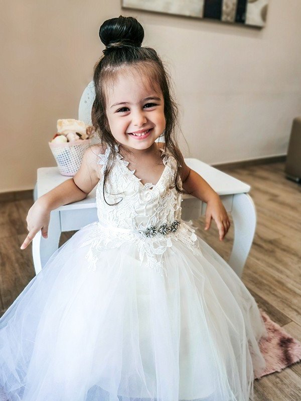 Sleeveless V-neck A-Line/Princess Tulle Ankle-Length Lace Flower Girl Dresses