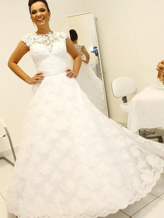 Ball Sleeveless Lace Gown Scoop Floor-Length Wedding Dresses