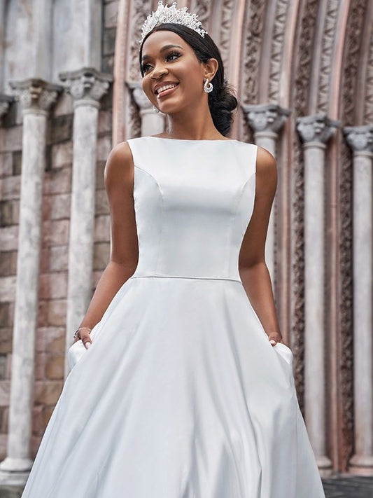 Sweep/Brush Ruffles Sleeveless Satin Bateau A-Line/Princess Train Wedding Dresses