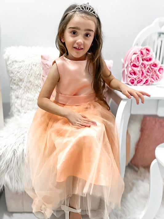 Tea-Length Bowknot Tulle Sleeveless Scoop A-Line/Princess Flower Girl Dresses