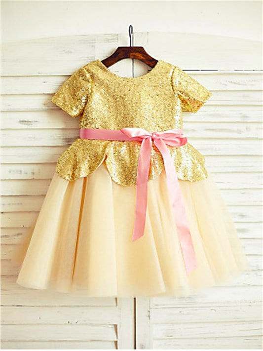 Scoop Tulle Sequin A-line/Princess Short Tea-Length Sleeves Flower Girl Dresses