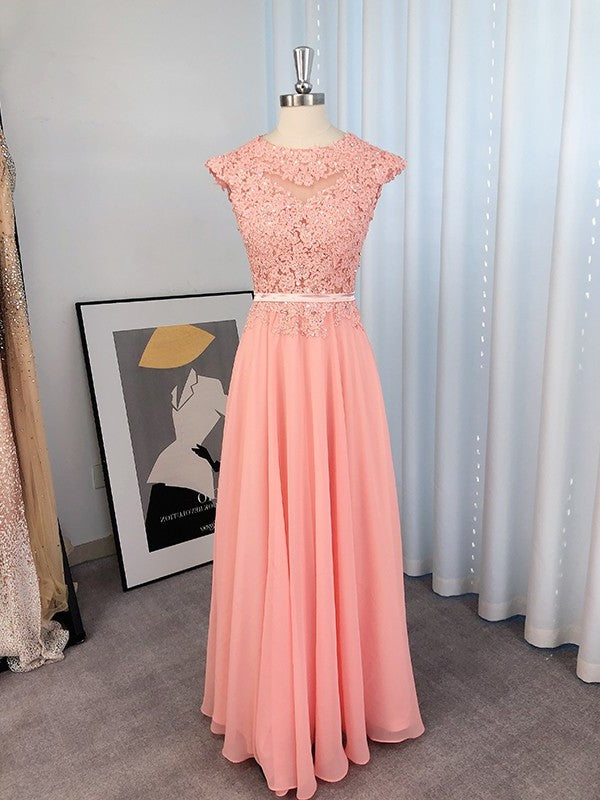 A-Line/Princess Scoop Applique Chiffon Sleeveless Floor-Length Dresses