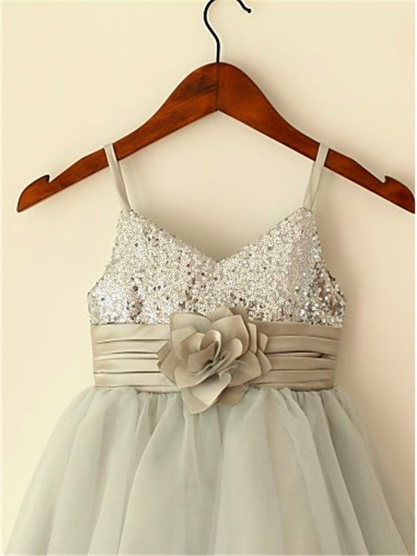 Straps Sleeveless A-line/Princess Spaghetti Tea-Length Sequin Tulle Flower Girl Dresses