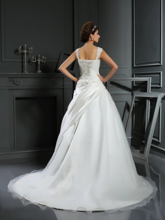 Ball Straps Gown Sleeveless Applique Long Satin Wedding Dresses