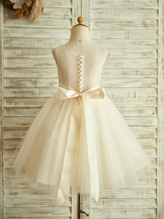 Tulle A-Line/Princess Sleeveless Lace Tea-Length Scoop Flower Girl Dresses