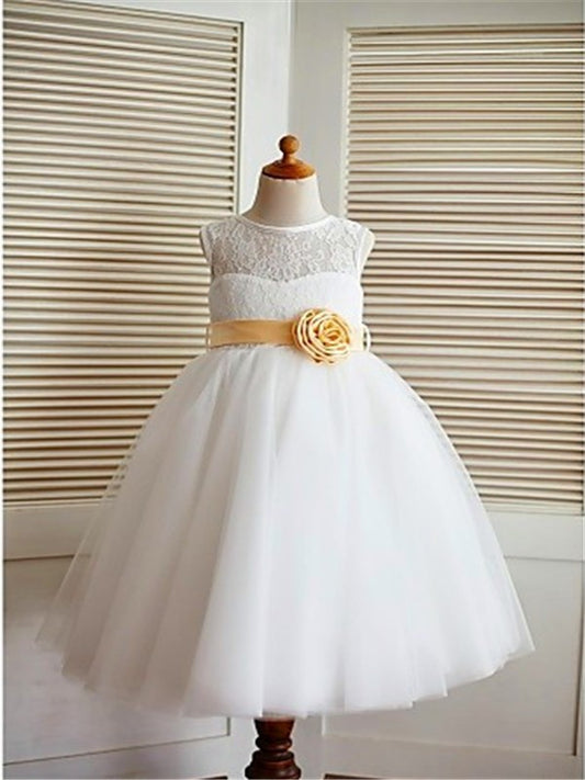 Tulle Lace Tea-Length Sleeveless A-line/Princess Scoop Flower Girl Dresses