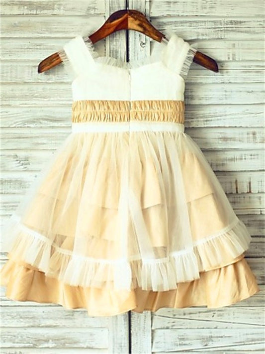 Square Satin Tea-Length Layers Sleeveless A-line/Princess Flower Girl Dresses