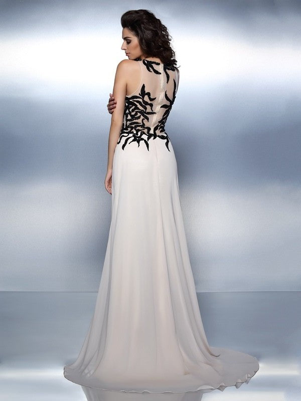 Bateau Applique A-Line/Princess Sleeveless Long Chiffon Dresses