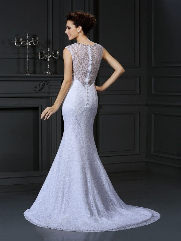 Lace V-neck Sleeveless Sheath/Column Long Satin Wedding Dresses