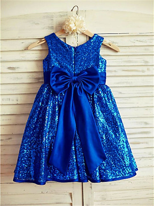 Sequins Bowknot Scoop Tea-Length Sleeveless A-line/Princess Flower Girl Dresses