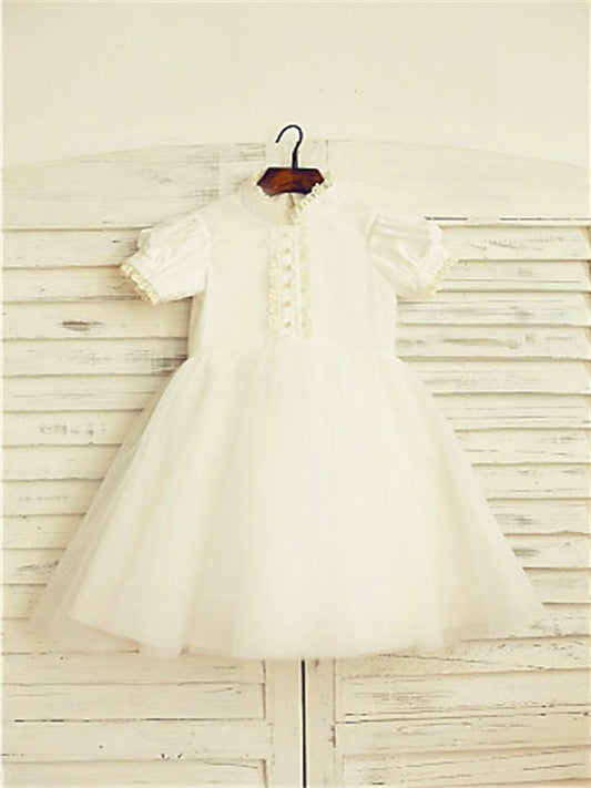 Sleeves Neck Tea-Length Lace Short A-line/Princess High Tulle Flower Girl Dresses