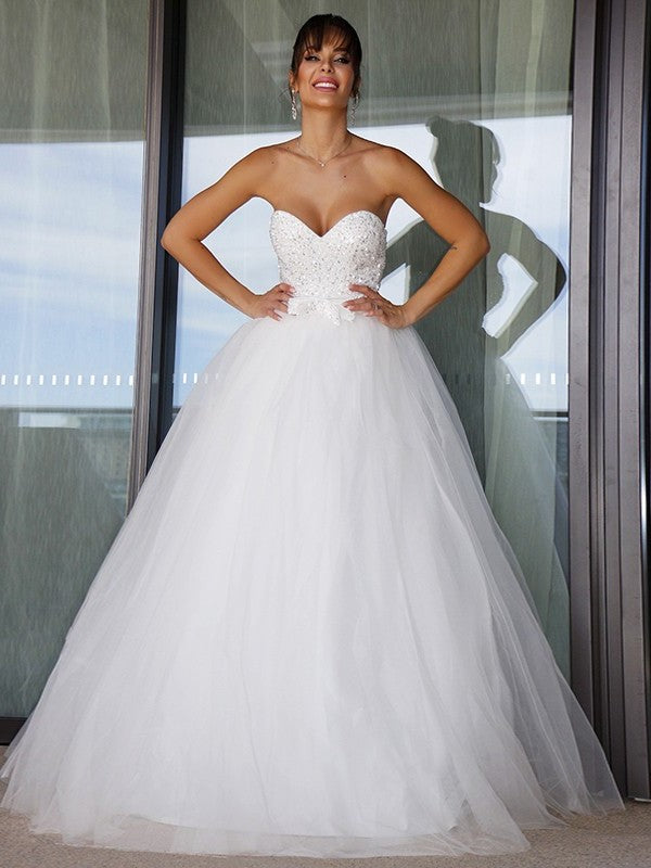 Sweetheart Sleeveless Ball Tulle Gown Bowknot Floor-Length Wedding Dresses