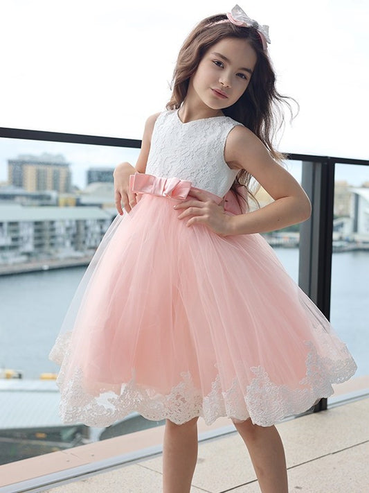 Bowknot A-Line/Princess Lace Scoop Short/Mini Sleeveless Flower Girl Dresses