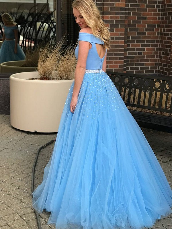 Beading Tulle Sleeveless Train Sweep/Brush A-Line/Princess Off-the-Shoulder Two Piece Dresses