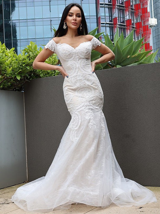 Trumpet/Mermaid Sleeveless Applique Tulle Off-the-Shoulder Sweep/Brush Train Wedding Dresses