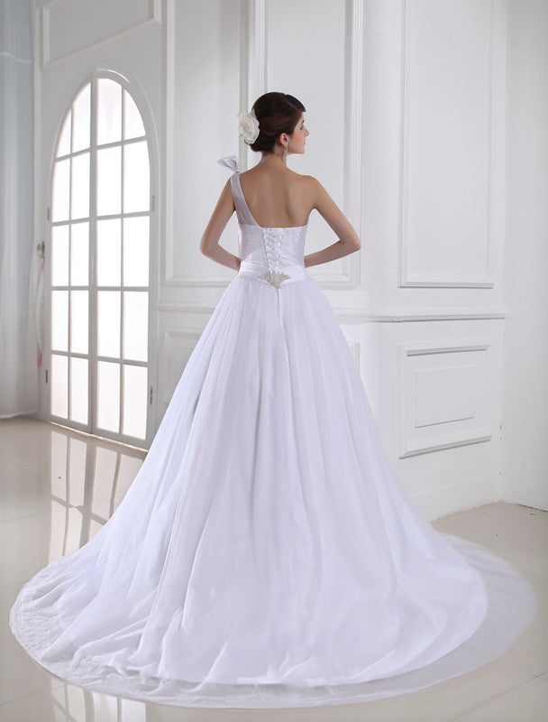 Gown Sleeveless Ball One-shoulder Satin Beading Tulle Wedding Dresses