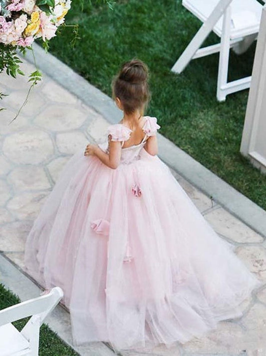 Tulle Applique Straps Ball Sleeveless Sweep/Brush Train Gown Spaghetti Flower Girl Dresses