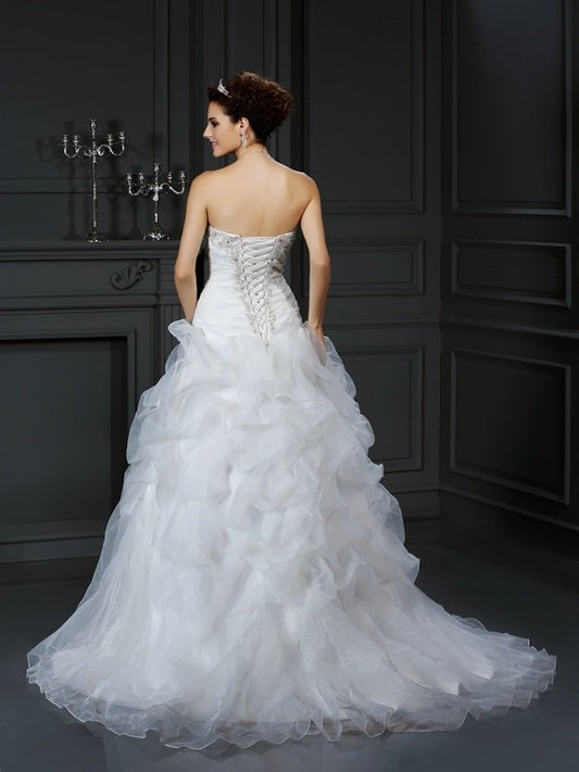 Strapless Ball Long Sleeveless Beading Gown Organza Wedding Dresses