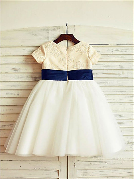 Scoop Tea-Length Short Sleeves A-line/Princess Tulle Bowknot Flower Girl Dresses