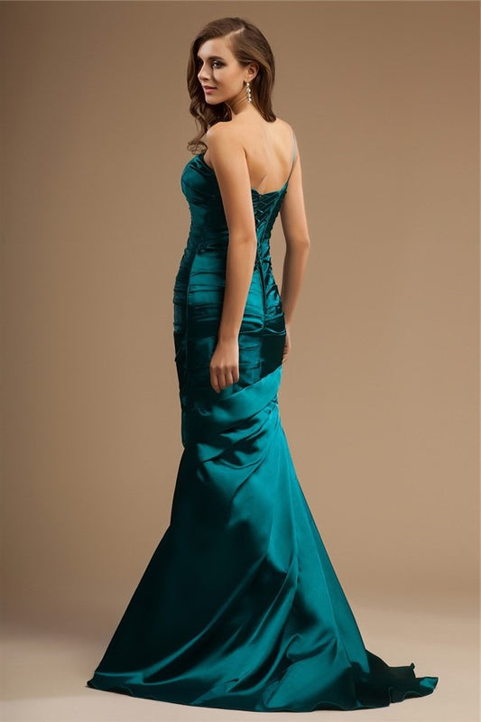 One Sleeveless Trumpet/Mermaid Ruffles Elastic Beading Shoulder Long Woven Satin Dresses