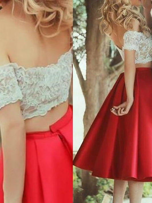 Lace Knee-Length Off-the-Shoulder Sleeveless Satin A-Line/Princess Two Piece Dresses