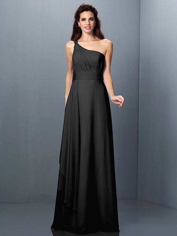 Pleats Sleeveless A-Line/Princess Long One-Shoulder Chiffon Bridesmaid Dresses