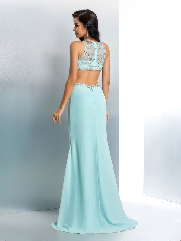 Beading Sleeveless Chiffon Trumpet/Mermaid Long Scoop Two Piece Dresses