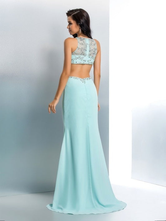 Beading Sleeveless Chiffon Trumpet/Mermaid Long Scoop Two Piece Dresses