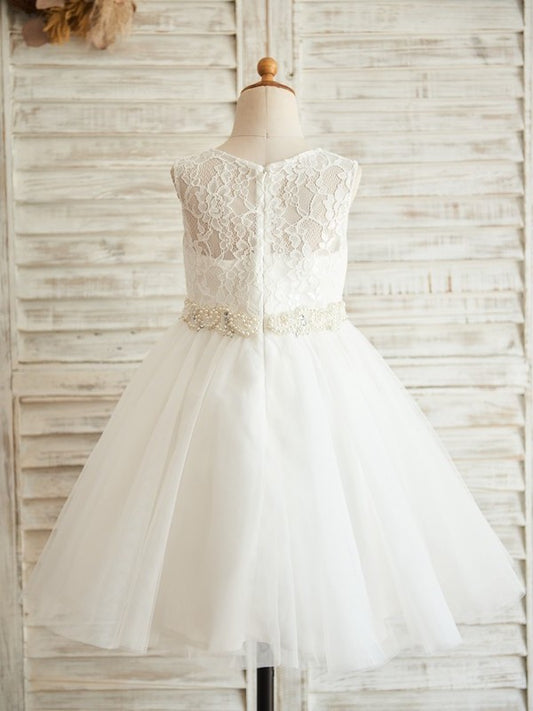 Tulle A-Line/Princess Sleeveless Knee-Length Scoop Lace Flower Girl Dresses