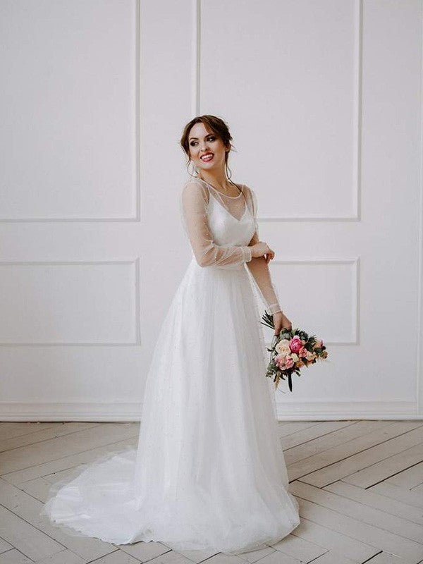 Beading Long Sweep/Brush Tulle Sleeves A-Line/Princess Scoop Train Wedding Dresses