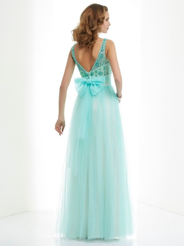 A-Line/Princess Bateau Beading Sleeveless Long Elastic Woven Satin Dresses